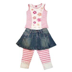 sz 5 NEW 3pc Top Skirt & leggings Set Denim Skirt Sequins Laces Boutique $150